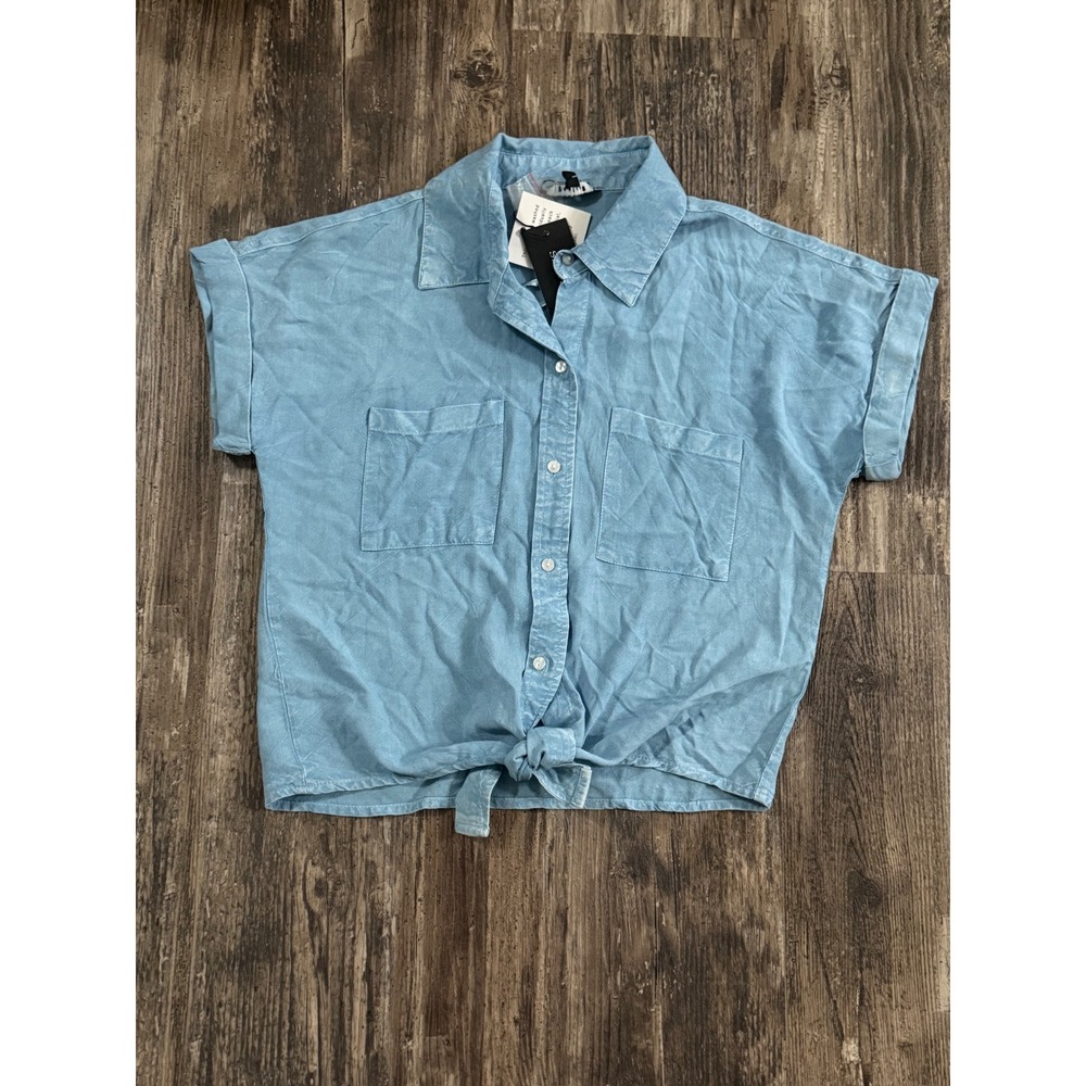 Sim & Sam Light Blue Tie Front Short Sleeve Button Down Shirt Womens Medium